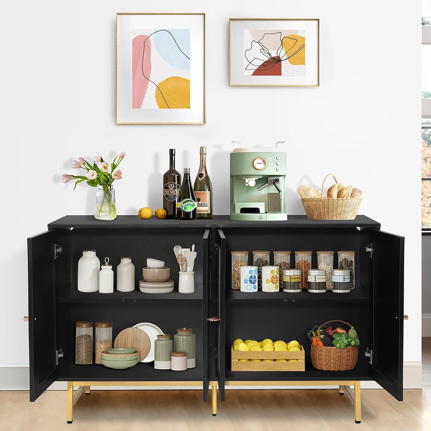 Sideboard Buffets Cabinet with 4 Rattan Doors, Large Storage Accent Cabinet Credenzas Modern Console Table for Living Room, Kitchen (Black)