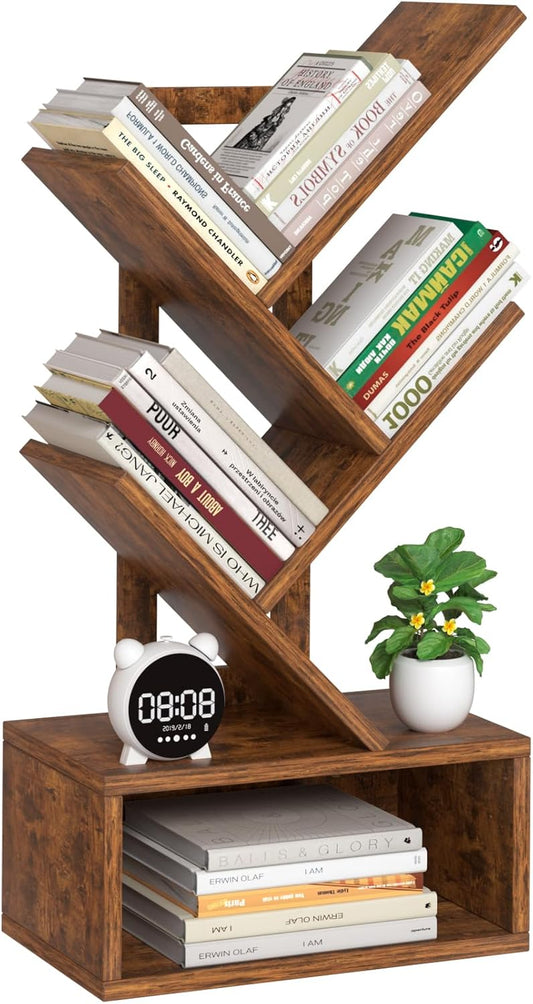 Small Tree Book Shelf,5 Tier Black Tree Bookshelf,Brown Desktop Bookcase,Modern Desk Display Storage Bookshelves,Floor Standing Organizer Bookcases for Living Room,Bedroom,Office-White-Brown