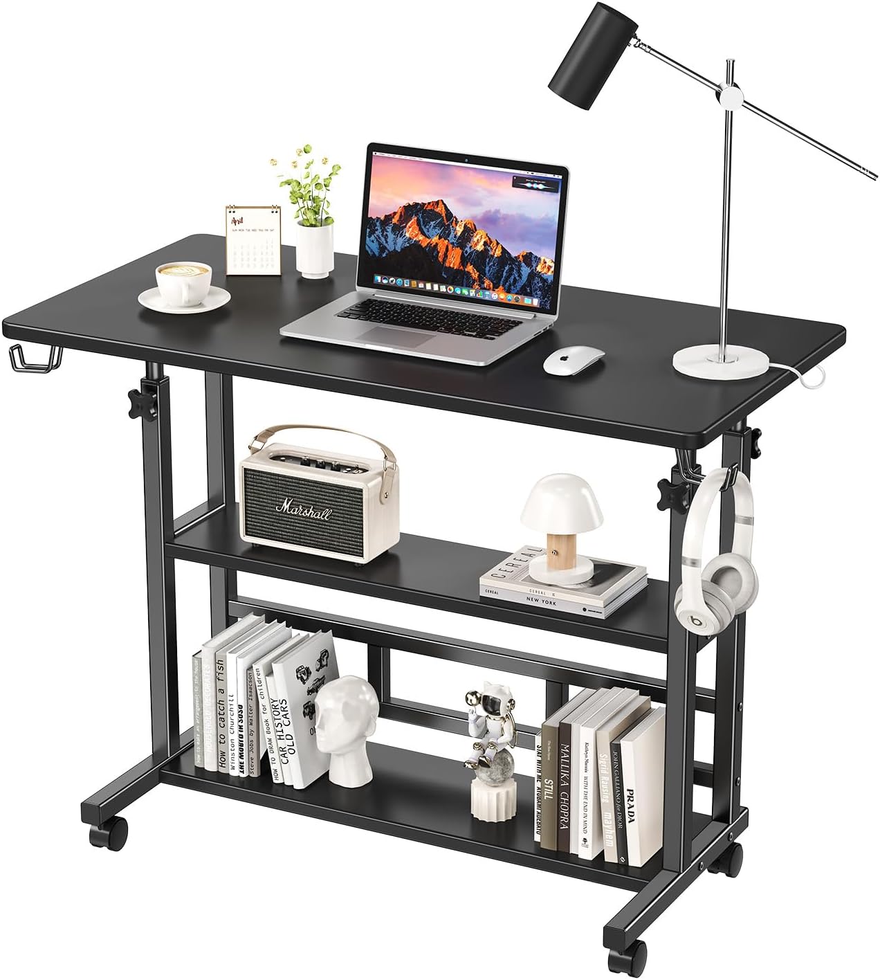 Adjustable Height Standing Desk, Rolling Stand Up Desk with Storage Shelves, 31.5" Small Mobile Computer Desk, Portable Laptop Table (Simple Black)
