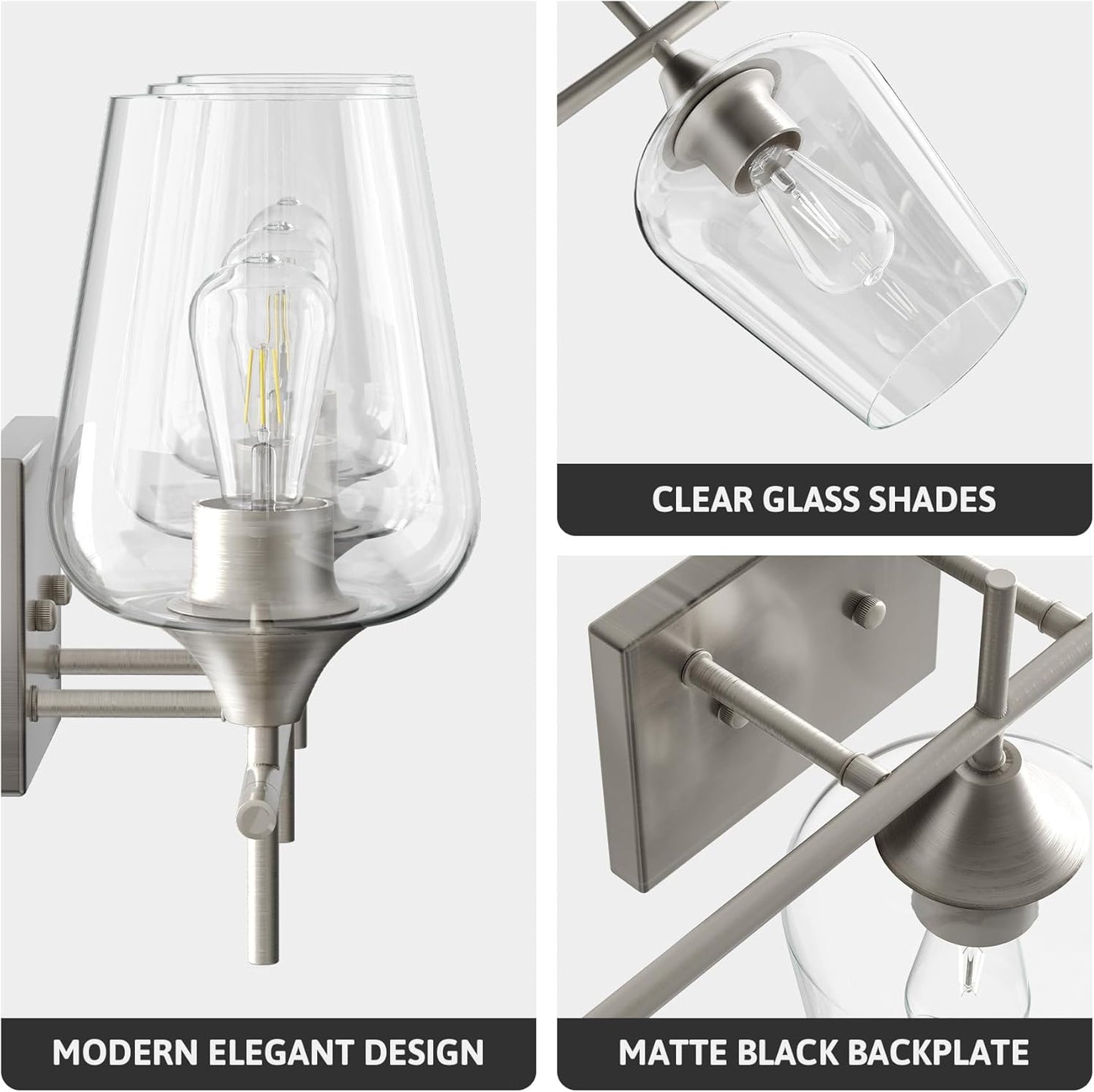 VONLUCE Bathroom Vanity Light, 3 Light Bathroom Light Fixture Over Mirror, Bathroom Wall Lamp with Clear Glass, Modern Brushed Nickel Vanity Lighting fixtures for Bathroom, Bedroom, Hallway