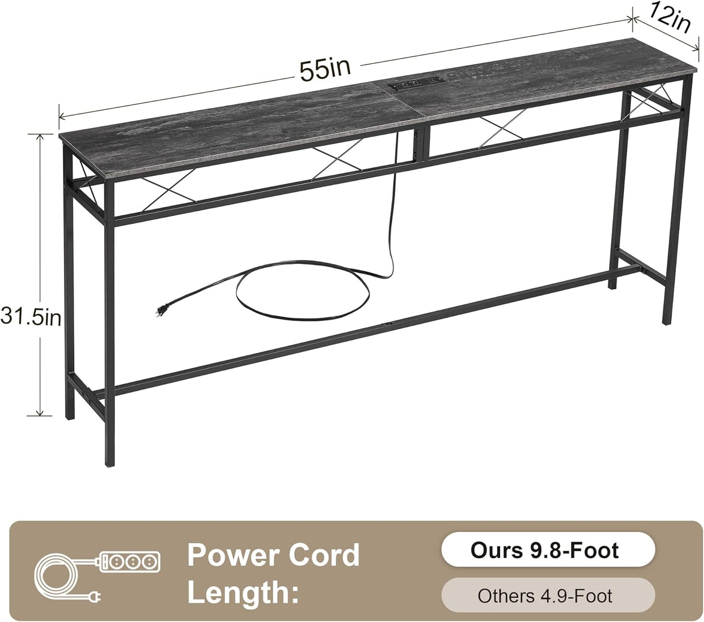 VECELO 55In Extra Long Narrow Sofa/Console Table with Charging Station & Power Outlet and USB Ports, for Entryway, Living Room, Office, Industrial, Grey