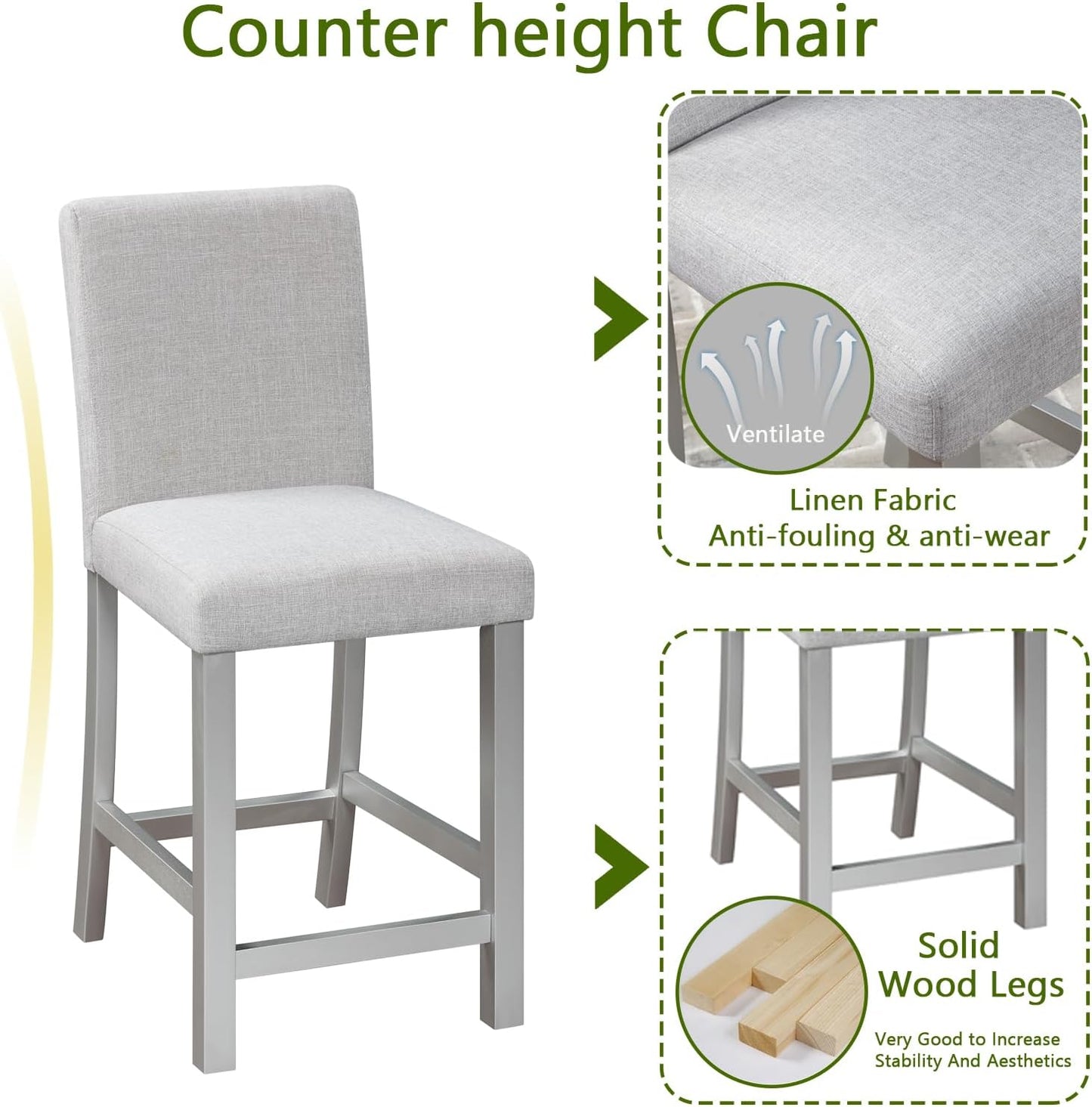 KEIKI 5-Piece Counter Height Dining Table Set with Square Table and 4 Upholstered Chair, for 4 Person, Modern Crystal Decoration Wooden Table Set, Easy Assembly, for Kitchen, Dining Room, Silver Grey