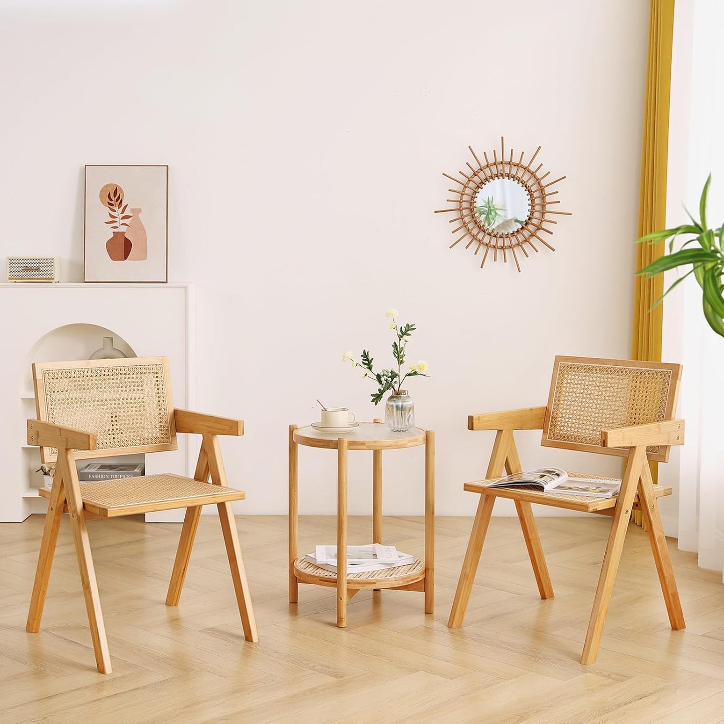 Rattan Dining Chairs Set of 2, Modern Mid Century Accent Chairs, Comfy Armchairs, Outdoor Rattan Chairs with Armrest for Bedroom Living Room Reading Room Dining Kitchen