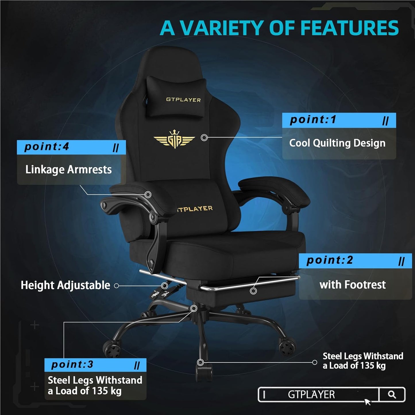 GTPLAYER Gaming Chair Fabric with Pocket Spring Cushion, Big and Tall Gamings Chairs 350LBS High Back Computer Chair with Footrest for Adults Lumbar Support Swivel Game Chair for Office Light Black