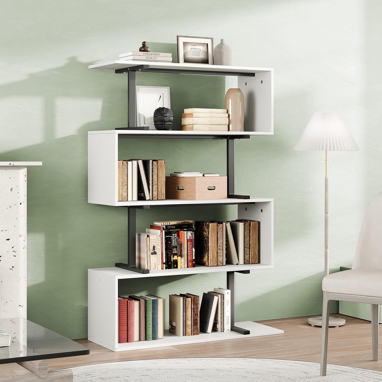 5-Tier Geometric Bookshelf, S Shaped Bookcase, 31.5" W x 58.3" H Wood Decorative Storage Shelving, Modern Freestanding Display Shelves, Tall Book Shelf Unit for Living Room Bedroom