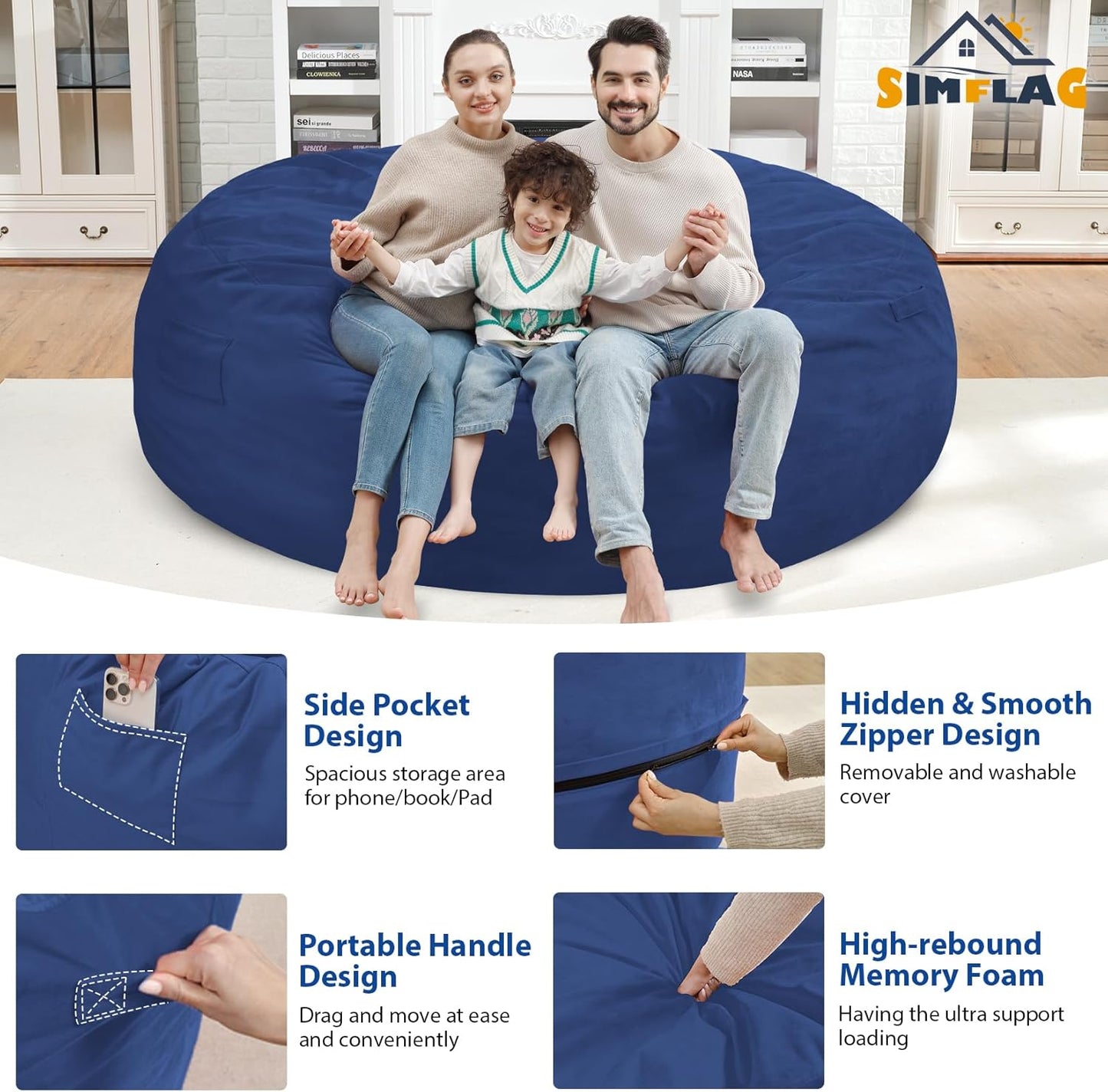 7FT Bean Bag Chair, Large Bean Bag Chairs with Memory Foam Filled, Fluffy Beanbag Sofa with Dutch Velvet Cover, Round BeanBag Chairs for Living Room, Playroom - Blue