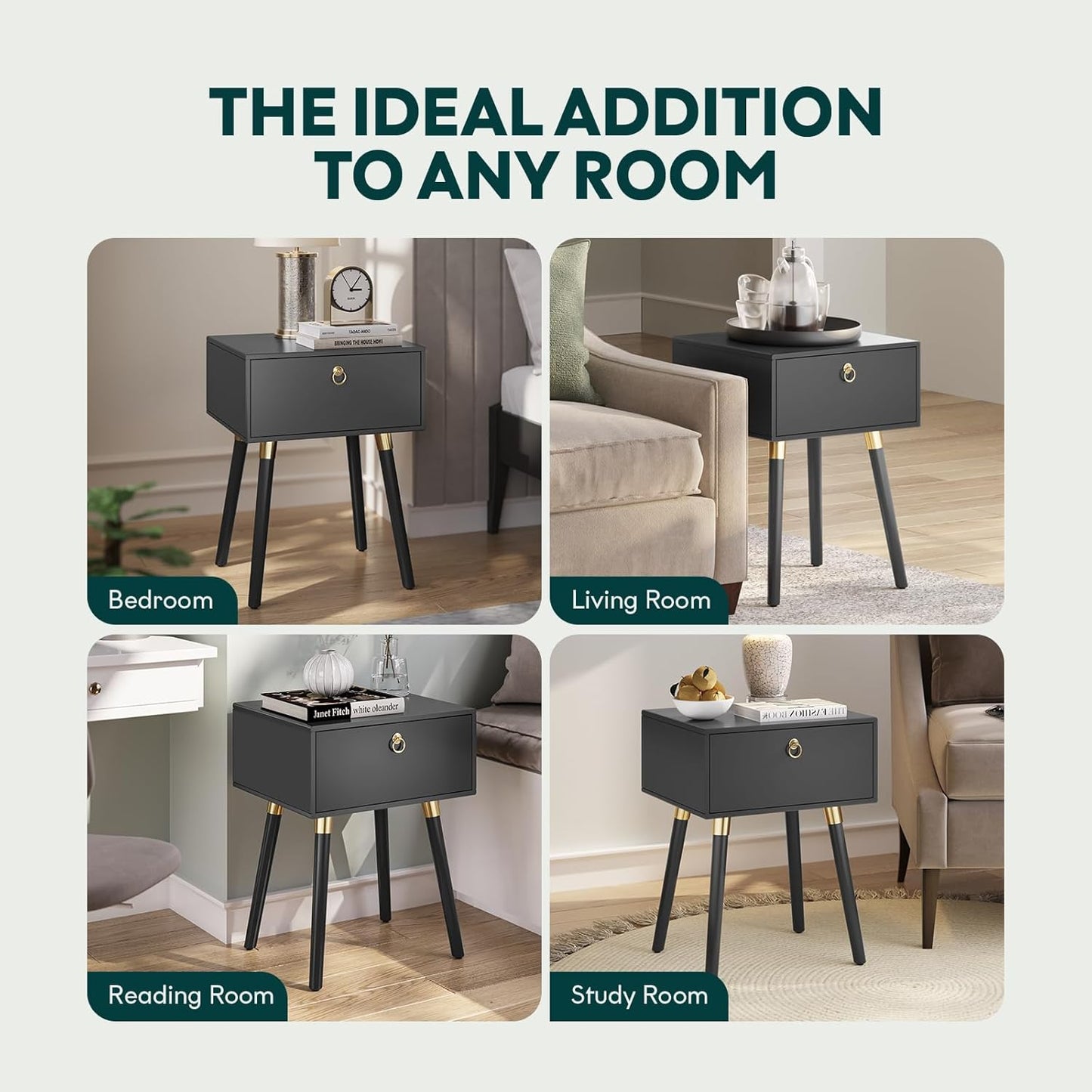 Bme Alden Wood Nightstand, Solid Wood End Table, Mid Century Modern Nightstand, Side Table with 1 Drawer, Compact for Bedroom, Living Room & Study Room, Easy Assembly, Black