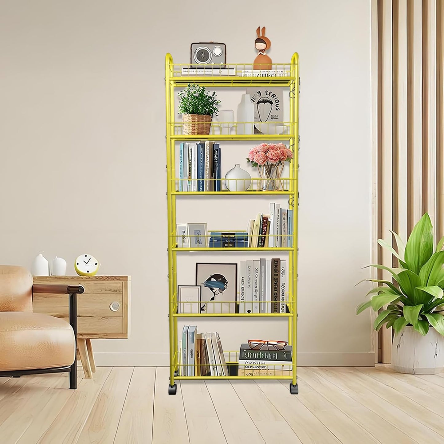 6-Tier Slim Storage Cart with Wheels,6in Narrow Rolling Shelf,Sturdy Slim Storage Ideal for Kitchen, Bathroom, and Laundry Room, Yellow