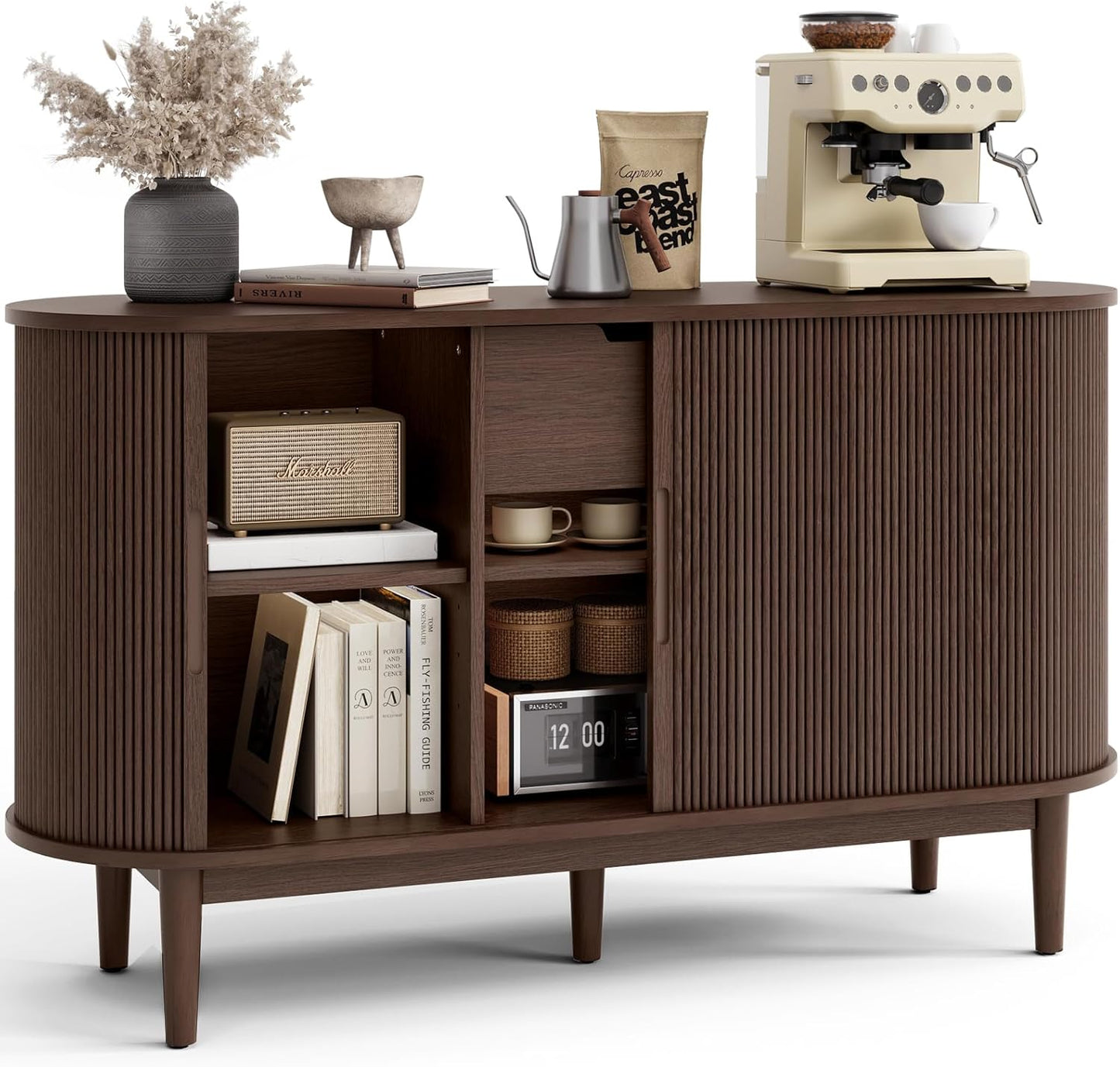 LINSY HOME Sideboard Buffet Cabinet with Storage, 55" Fluted Coffee Bar Cabinet with Tambour Sliding Doors and Drawer, Mid Century Modern Wood Storage Buffet Table for Kitchen, Vintage Walnut