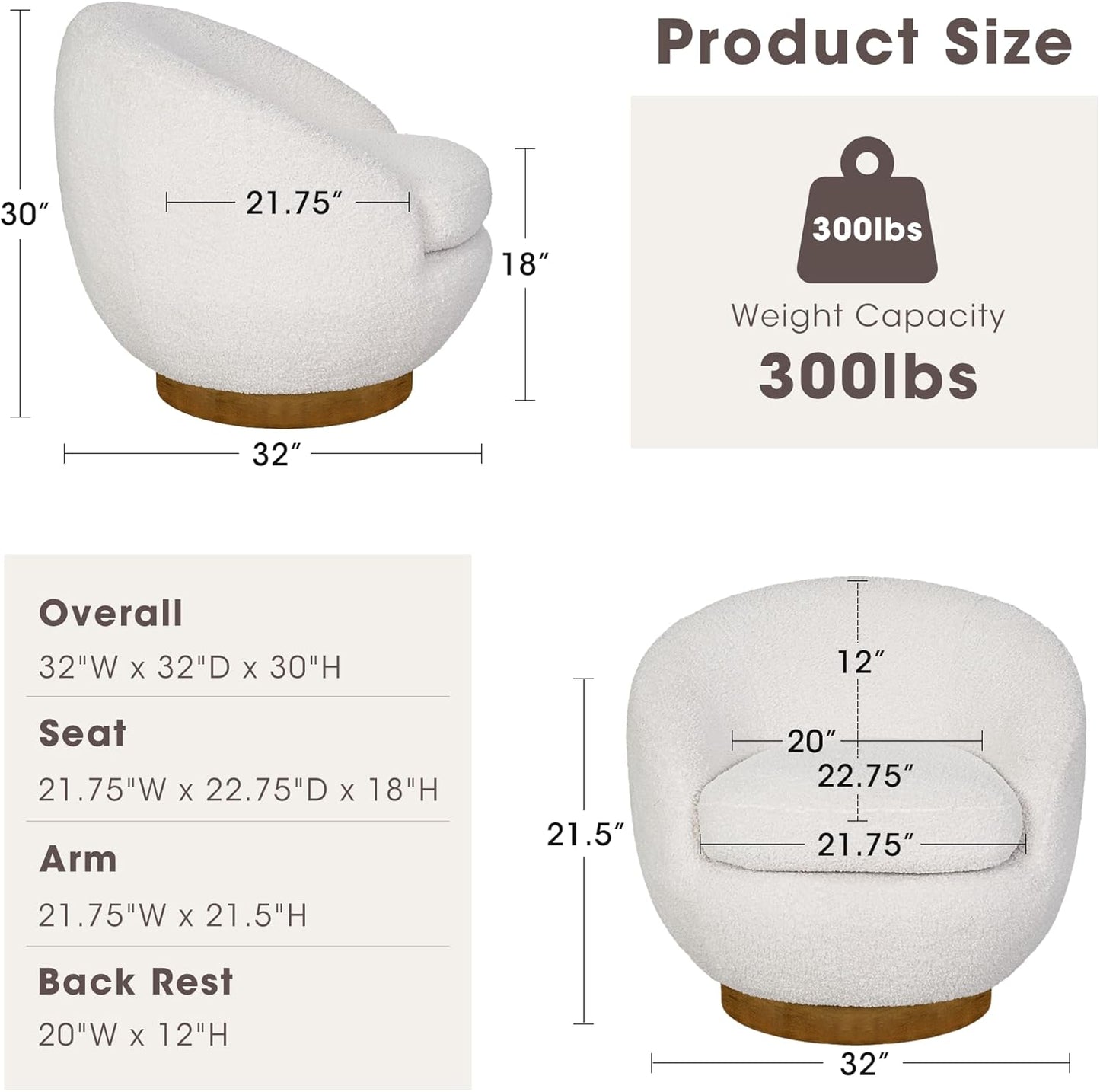 INK+IVY Jessel Swivel Accent Chair – Barrel Back Design, Sherpa Upholstery, 360-Degree Wood Base, Modern Lounge Seating for Living Room or Bedroom, 32" W, Cream