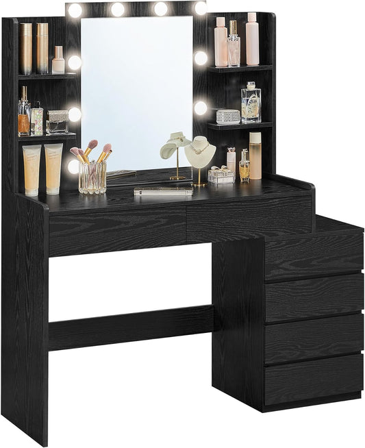 VASAGLE Vanity Desk with Mirror and LED Lights, Makeup Vanity with 6 Drawers, Vanity Table with 4 Open Shelves, 10 Dimmable LED Lights, for Bedroom, Dressing Room, Modern, Ebony Black URDT122B01