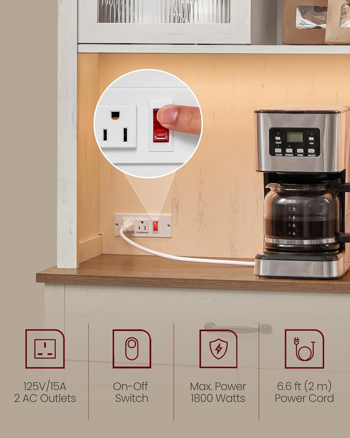 VASAGLE 71" Kitchen Pantry Cabinet with Lights and Charging Station, Coffee Bar Cabinet with Doors and Drawer, Farmhouse Style, Adjustable Shelves, Rustic White UBBK363W12