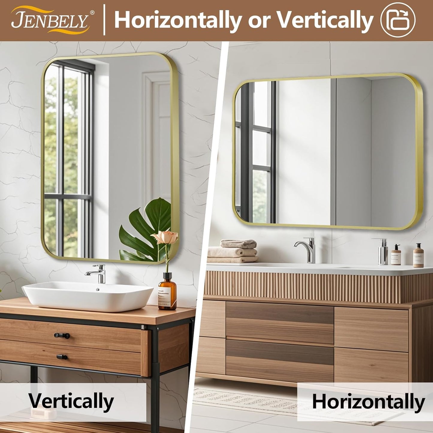 22x30 Inch Gold Mirror, Framed Rectangle Mirror with Rounded Corner, Brushed Brass Mirror, Gold Bathroom Mirror for Over Sink, Vanity, Living Room, Bedroom, Horizontal/Vertical