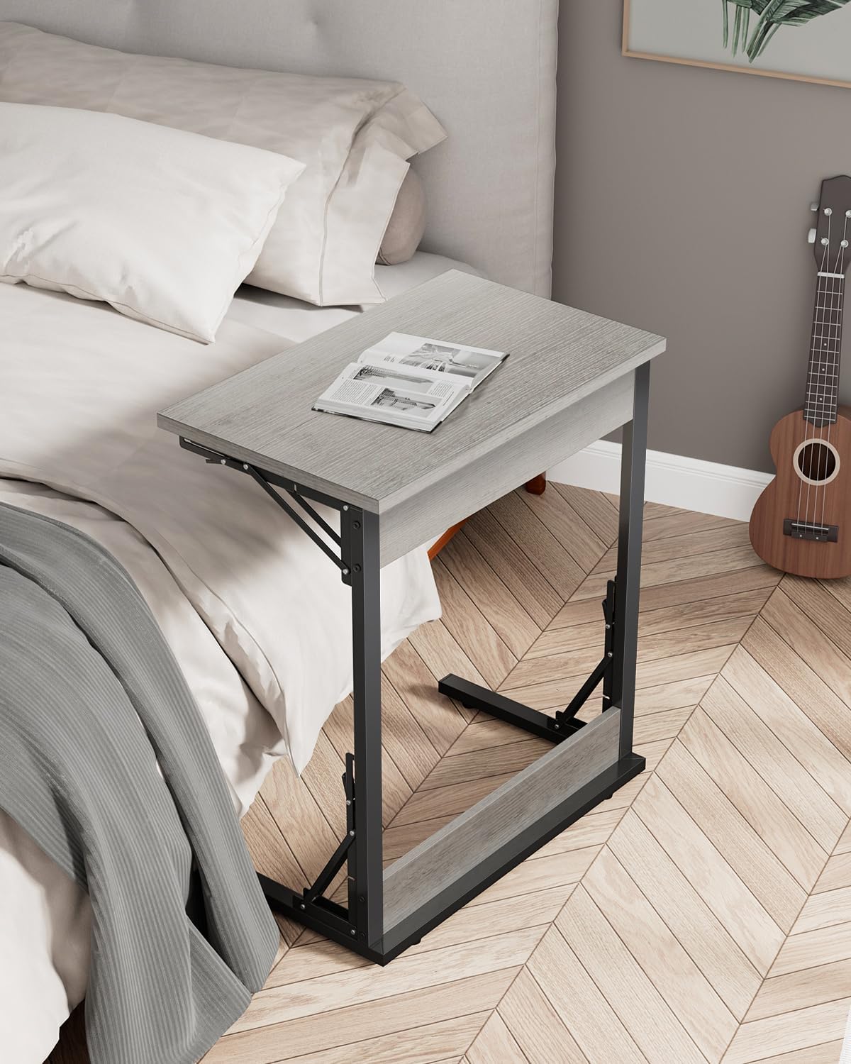 Tatub 24" Wide Folding C-Shaped End Table, Small Side Desk for Couch, Sofa TV Tray Table with Metal Frame for Living Room, Bedroom, Ivory White