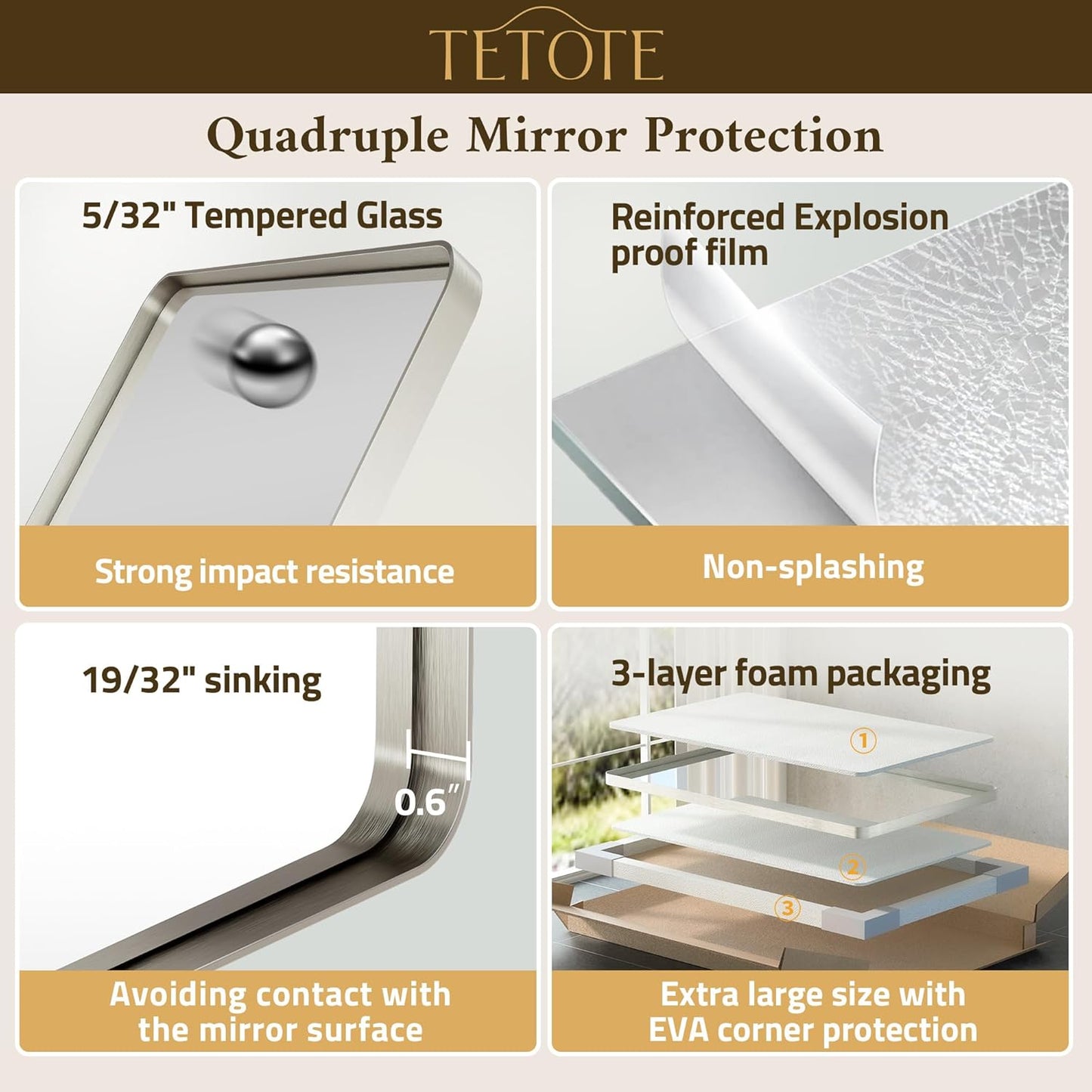 TETOTE Brushed Nickel Mirror for Bathroom 24 x 36 Metal Framed Vanity Mirror, Tempered Glass, Modern Farmhouse Wall Mounted Mirrors for Decorative(Horizontal/Vertical)