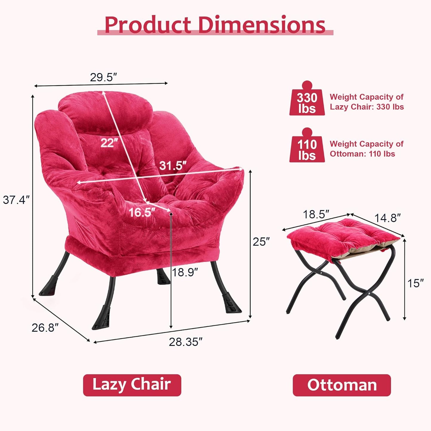 Fabric Lazy Chair with Ottoman, Oversized Upholstered Sofa Chair for Adults, Plush Comfy Lounge Chair with Large Side Storage Pocket, Reading Chair for Living Room, Bedroom, Office, Rose Red