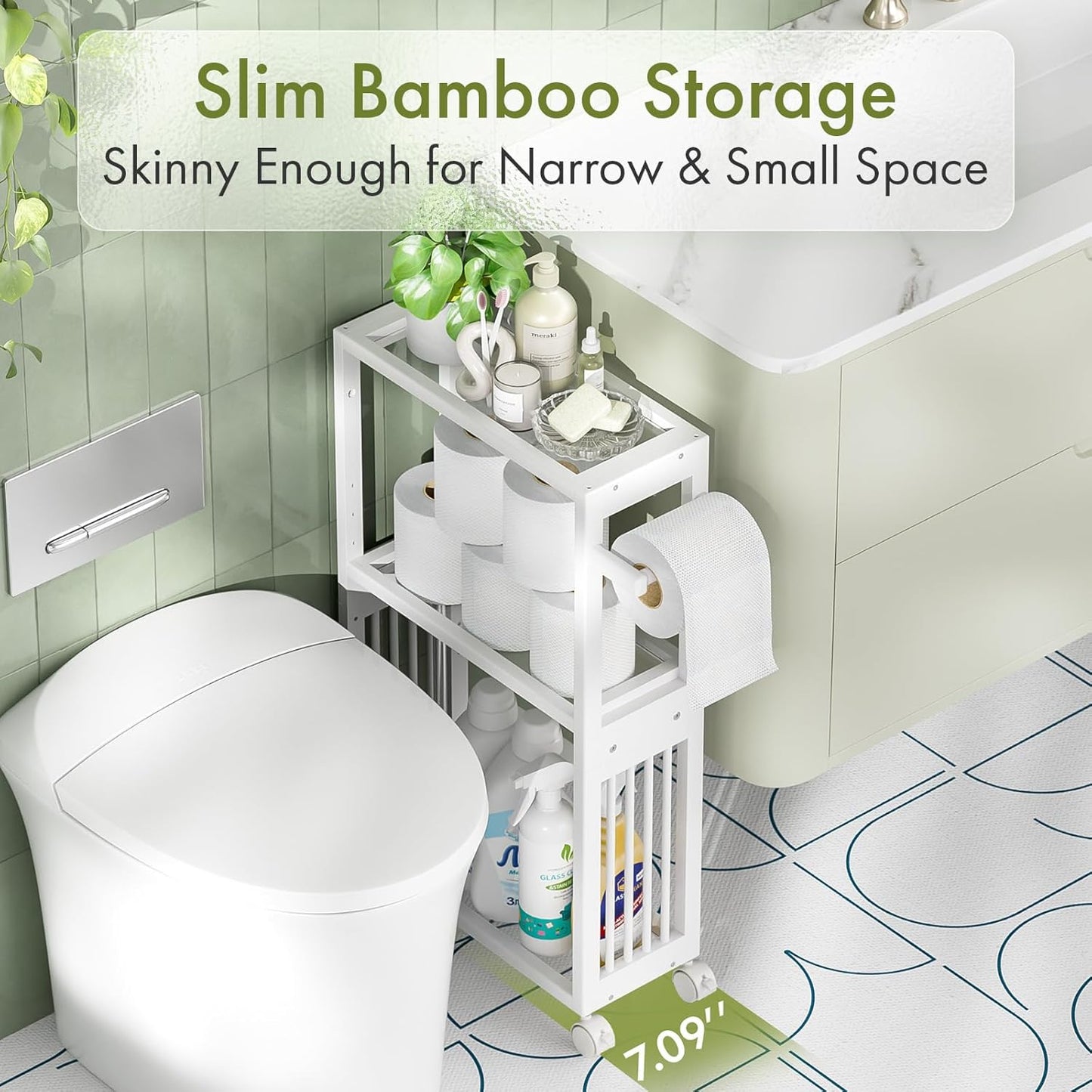 AmazerBath White Toilet Paper Holder Storage - 3 Tier Bamboo Mobile Storage Shelf, Small Bathroom Rolling Storage Cabinet Corner, Thin Shelf for Narrow Spaces on Wheels, Slim Bathroom Organizer, White