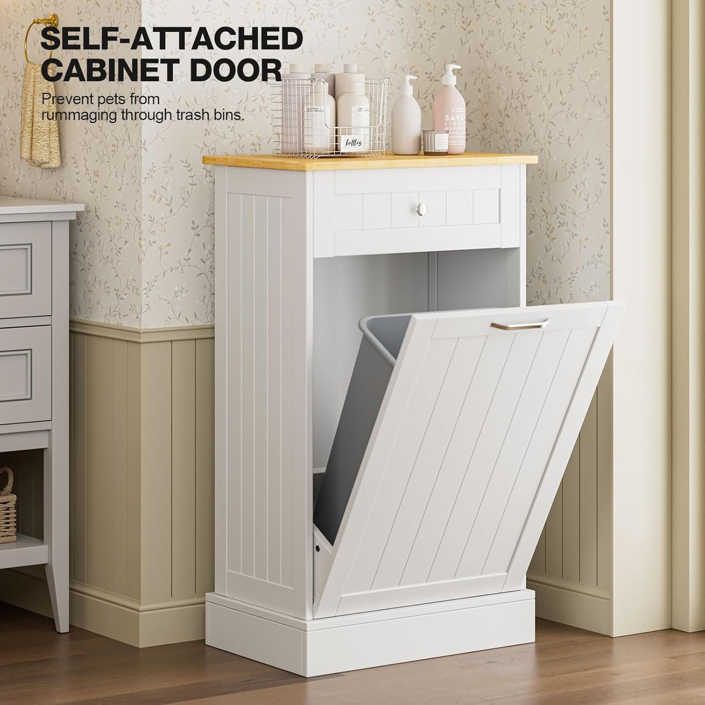 GAZHOME 10 Gallon Tilt Out Trash Cabinet, Upgrade Wooden Free Standing Recycling Trash Cabinet with Hideaway Drawer(White)