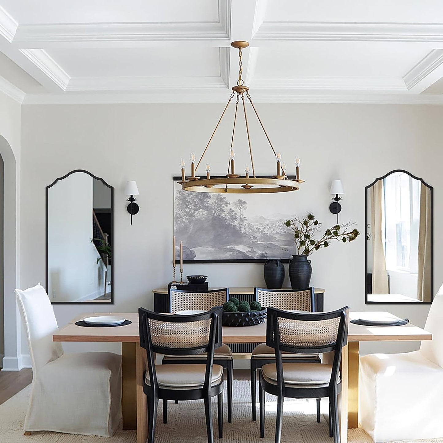 Arched Bathroom Mirror for Wall, 48"x24" Long Scalloped Entryway Mirror with Black Decorative Metal Frame for Living Room, Bedroom, Entryway