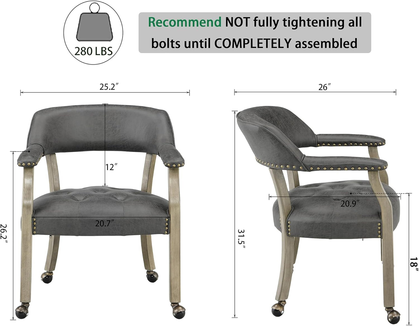 LEEMTORIG Large Dining Chairs with Casters and Arms, Rolling Dining Chairs with Wheels, Wood Boss Caption's Chairs, 26" D x 25.2" W x 31.5" H, Grey Legs & Dark Grey Fabric SY-1318-GY