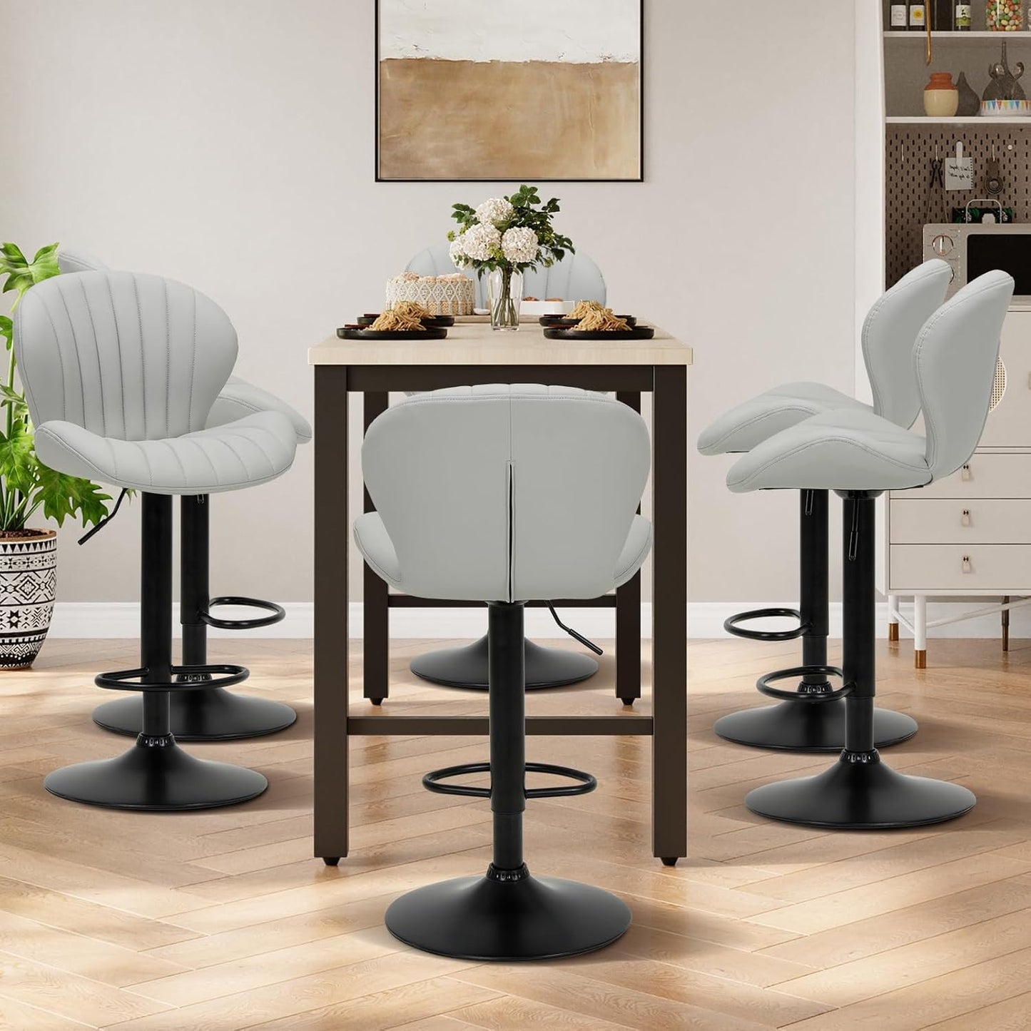 COLAMY Bar Stools Set of 4, Modern Swivel Bar Chairs, Adjustable Faux Leather Upholstered Barstools Counter Height with High Backrest for Bar, Kitchen Island, Dining Room, Grey