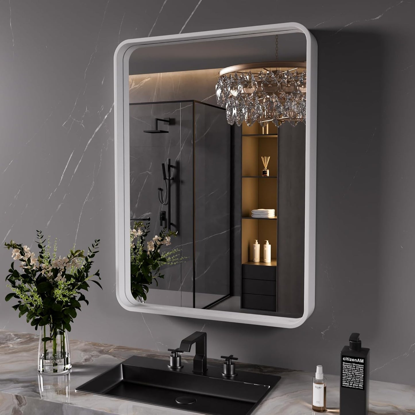 White Bathroom Mirror 24x36 Inch, White Metal Framed Bathroom Mirror for Wall, Rounded Rectangle Matte Bathroom Vanity Mirror, Tempered Glass, Anti-Rust, Horizontal/Vertical