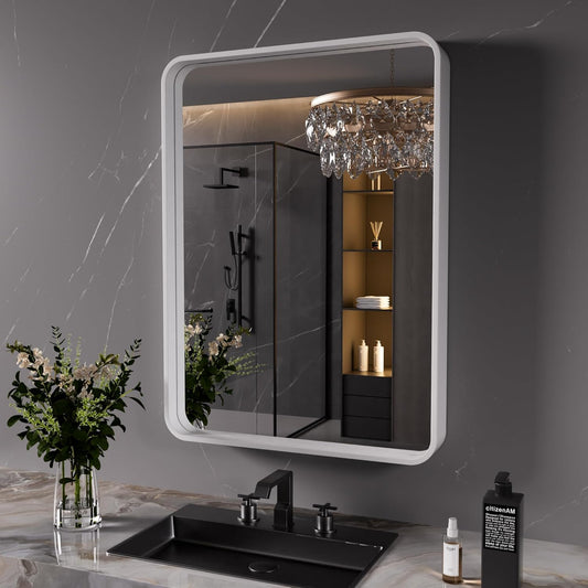White Bathroom Mirror 24x36 Inch, White Metal Framed Bathroom Mirror for Wall, Rounded Rectangle Matte Bathroom Vanity Mirror, Tempered Glass, Anti-Rust, Horizontal/Vertical