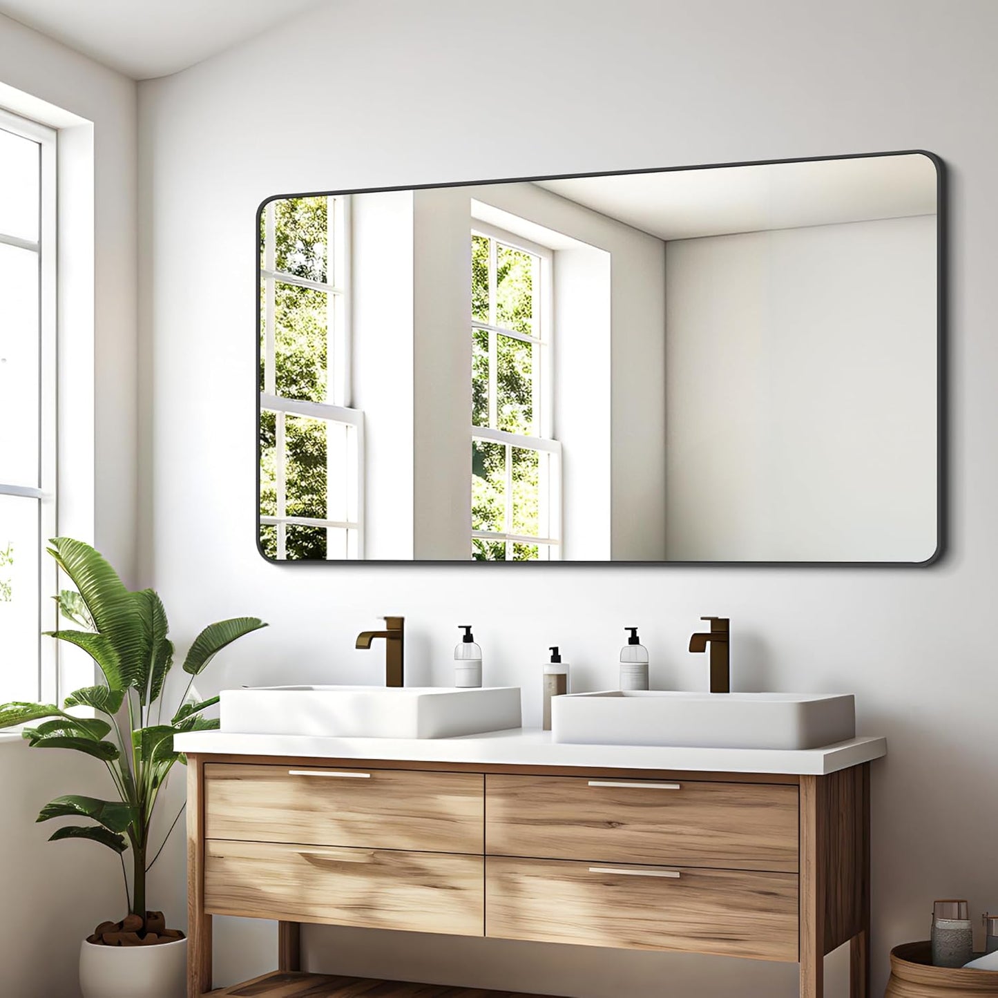 FORBATH Bathroom Mirror 30" x 55", Large Rectangular Wall Mirror with Black Aluminum Frame Rounded Corner, Wall Mounted Mirror for Bathroom Bedroom Entryway Living Room