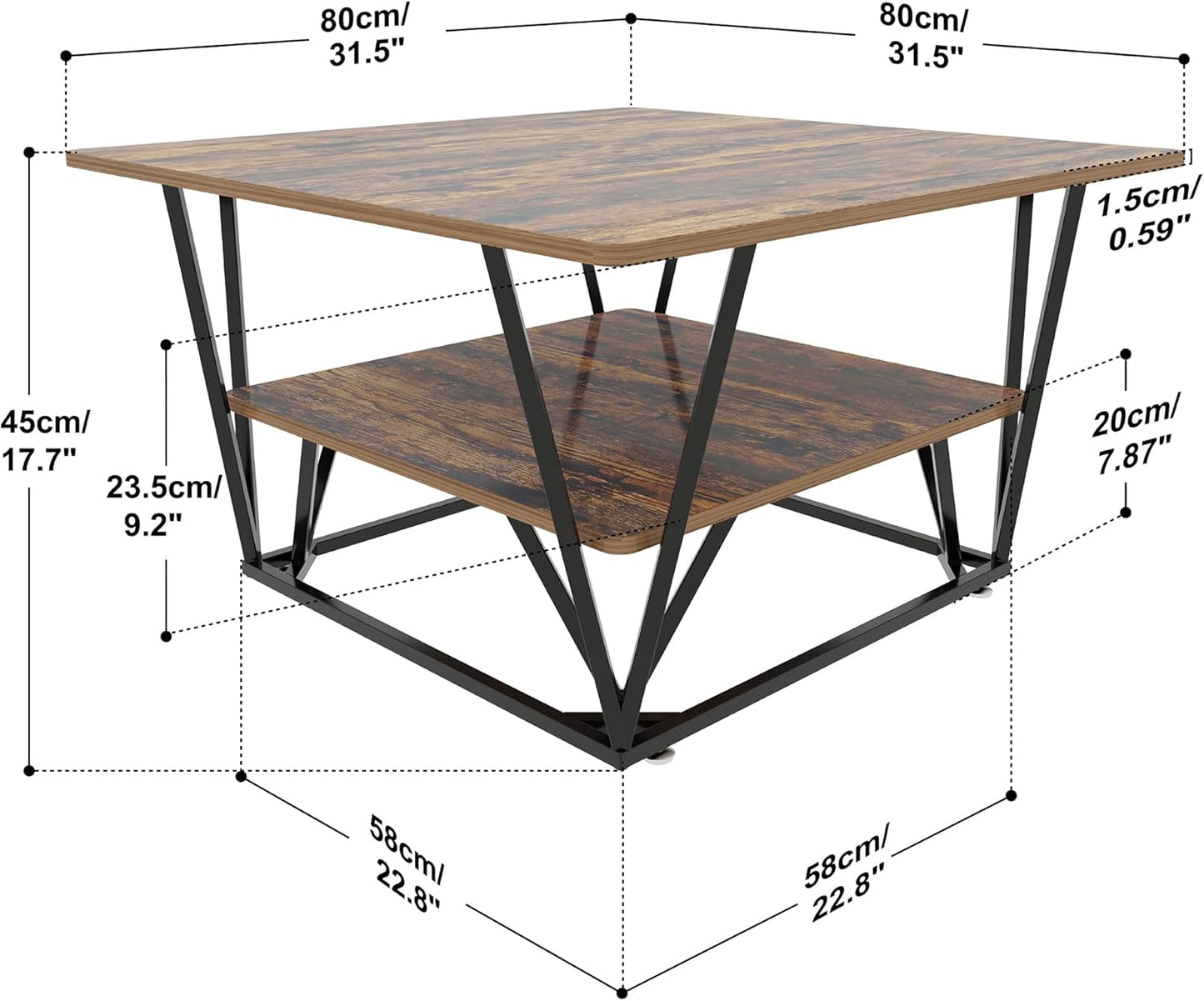 Elephance Square Coffee Table for Living Room, Modern 31.5" Two-Tier Caramel Brown Table with Wooden Top-Almond and Black Frame