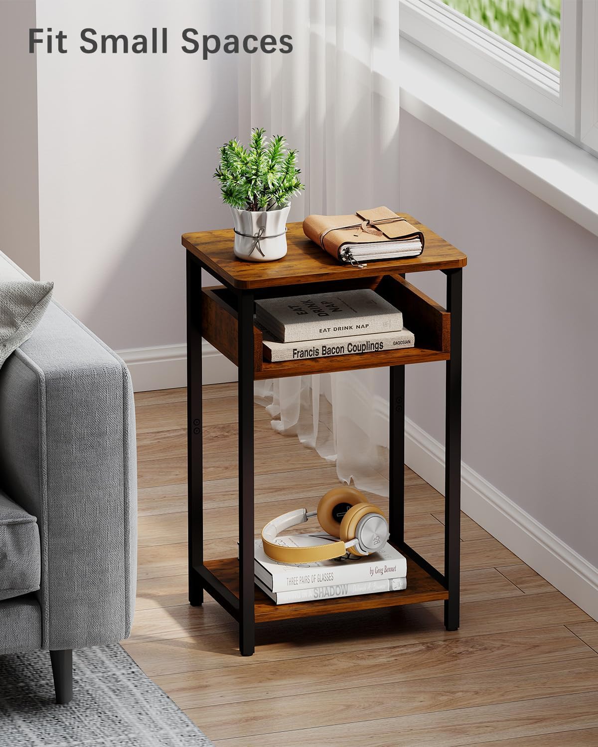 Side Table, 25 inch High End Table, Small Bedside Table for Living Room, Bedroom and Office, Rustic Brown & Black