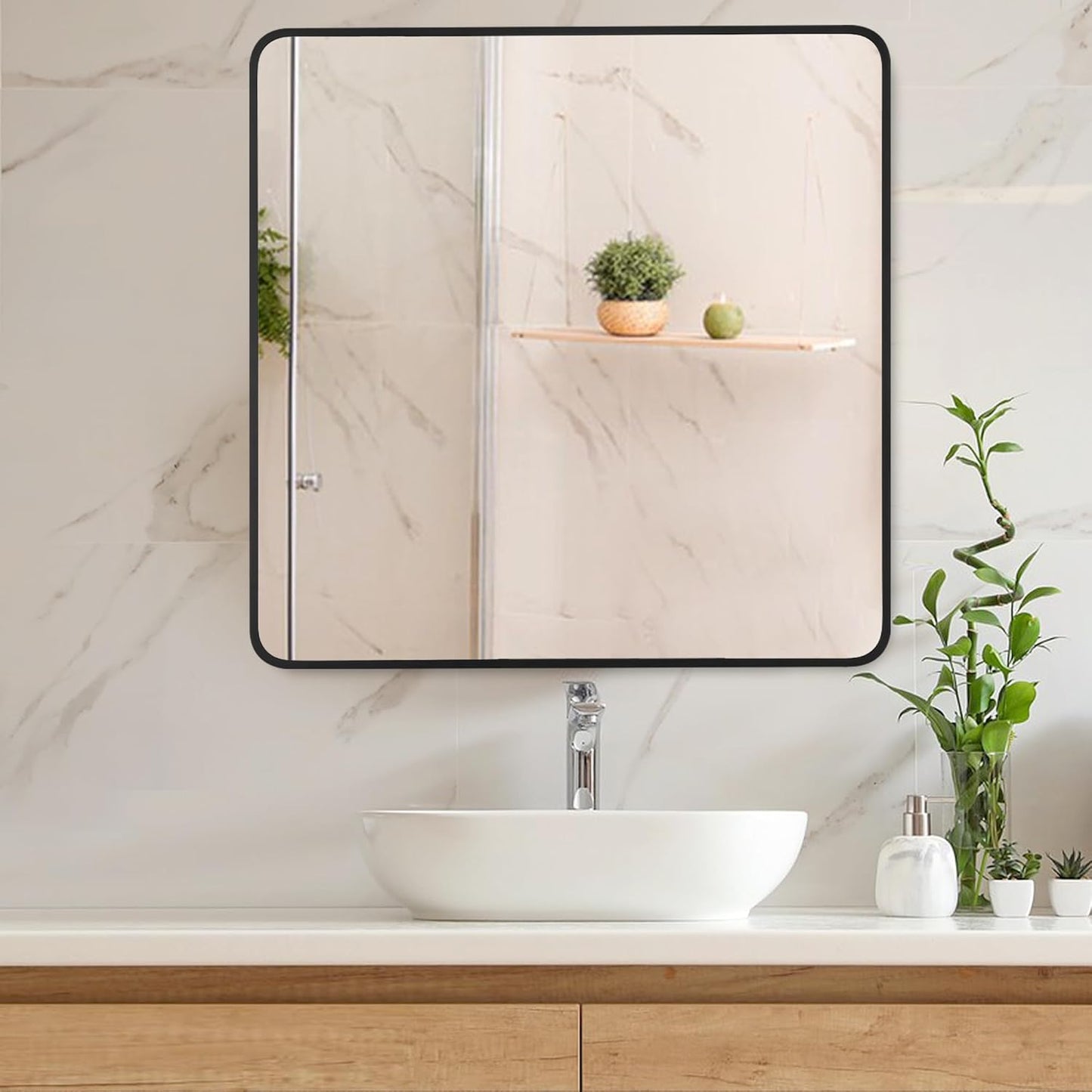 30x30 Inch Rectangle Bathroom Mirror with Black Metal Frame, Rounded Corner Rectangular Vanity Mirror for Wall, Modern Large for Bedroom, Living Room, Horizontal or Vertical