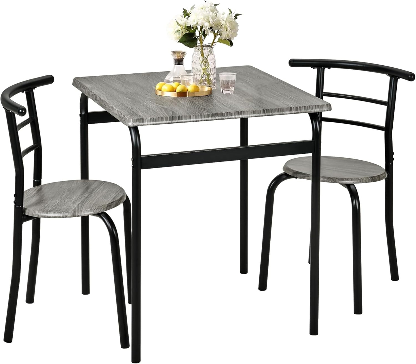 VECELO Dining Table Set for 2, 3-Piece Modern Dinette with Chairs for Small Space, Kitchen, Breakfast Nook, Rustic Grey