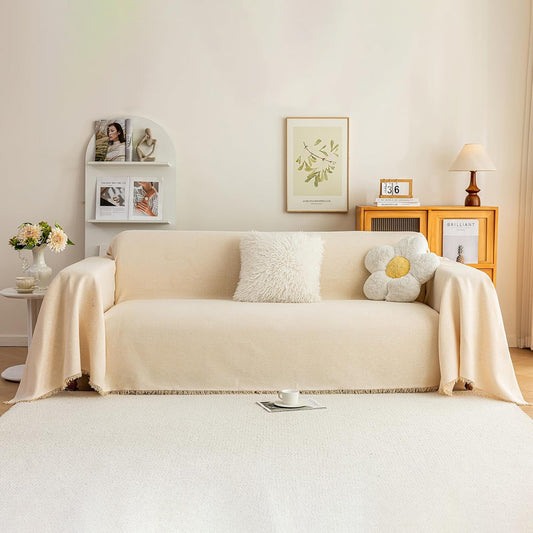 STACYPIK Thick Beige Jacquard Floral Couch Cover for Dogs, Washable Boho Couch Covers, Non Slip Couch Sofa Cover, Couch Cover 3 Cushion Sofa with Tassels, Furniture Protector for Living Room-71X150IN