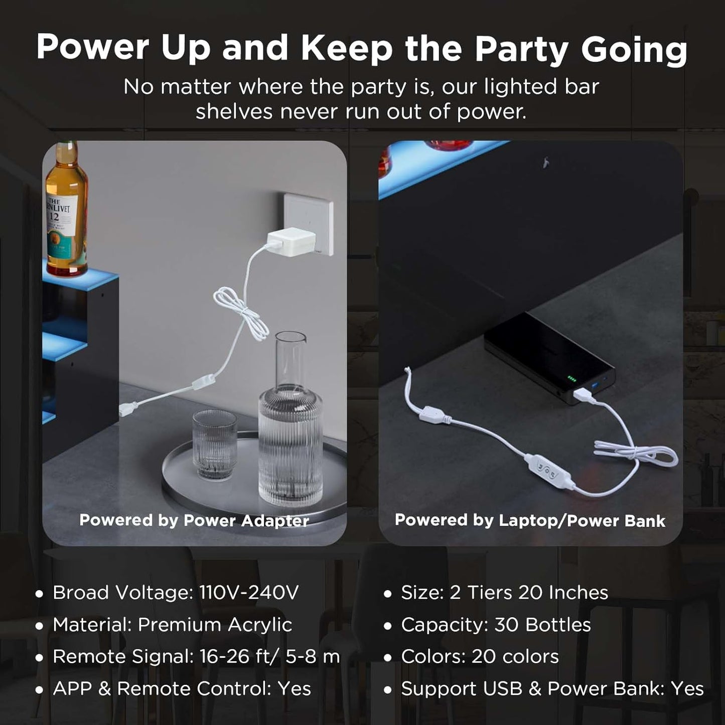 Dethan 2 Tier 20 Inch Liquor Bottle Display Shelf - L-Shape Corner Wine Racks with Multi-Color App & Remote Control, Adjustable Brightness & Sound Modes, Acrylic Bar Shelves for Displays