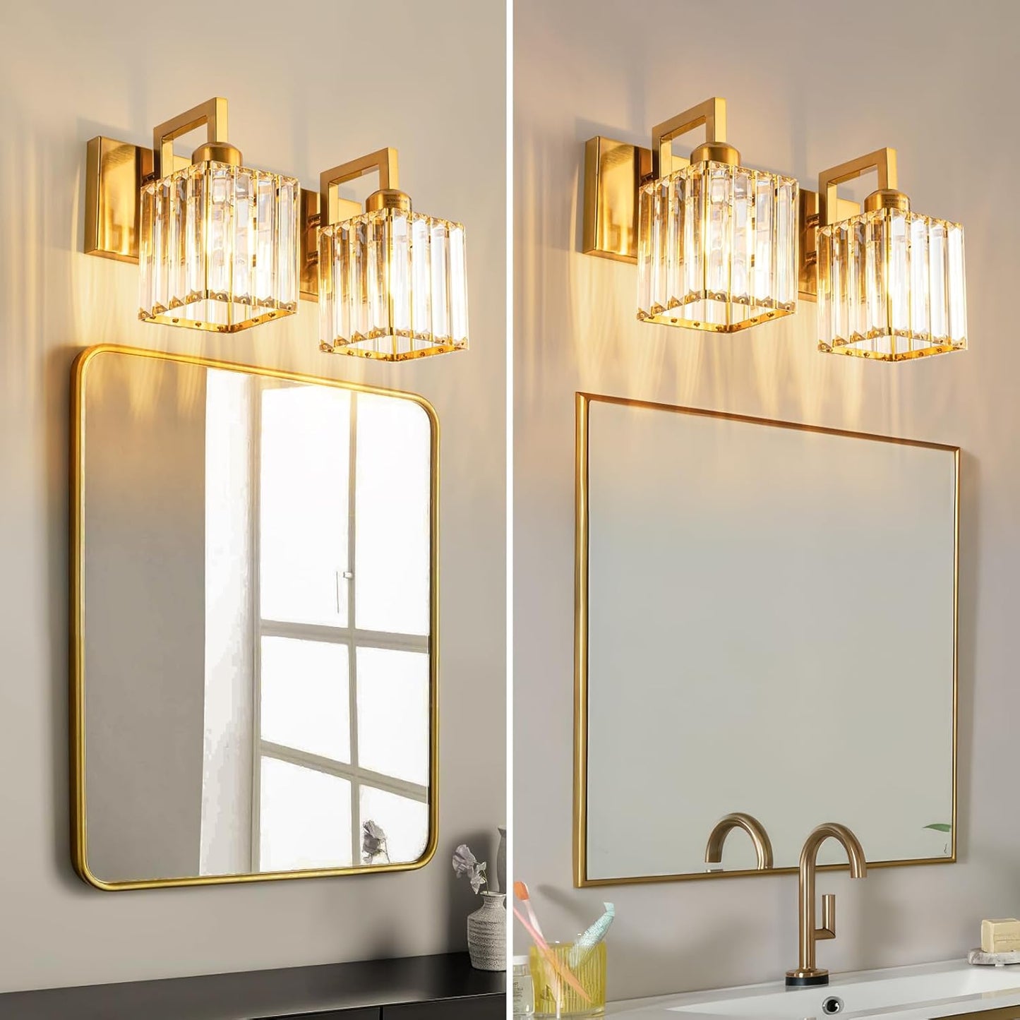 Modern Bathroom Vanity Light 2-Lights Gold Crystal Wall Lamp Bathroom Modern Crystal Vanity Lighting