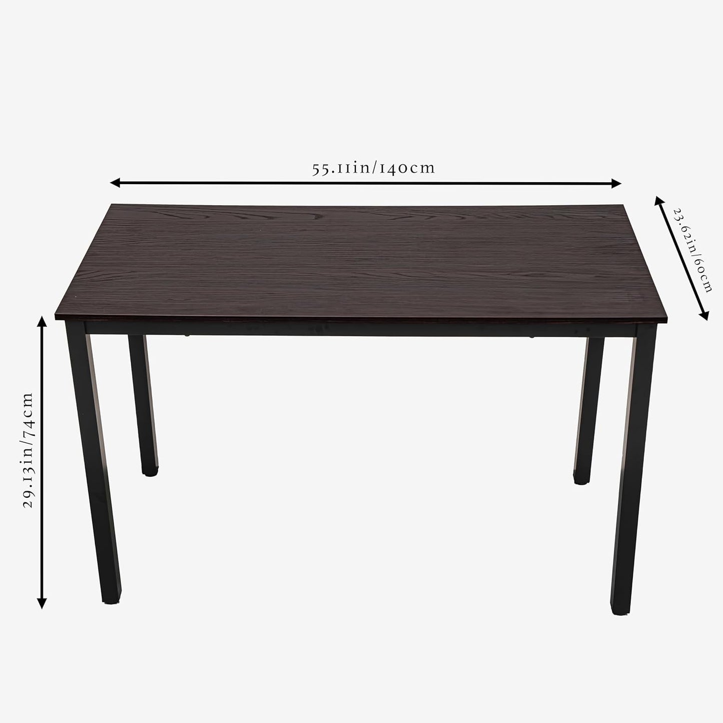 55 inch Large Computer Desk Wood, Modern Simple Style Desk for Home Office, Bedroom, Study Student Writing Desk, Small Spaces, Black Metal Frame, Dark Walnut Top