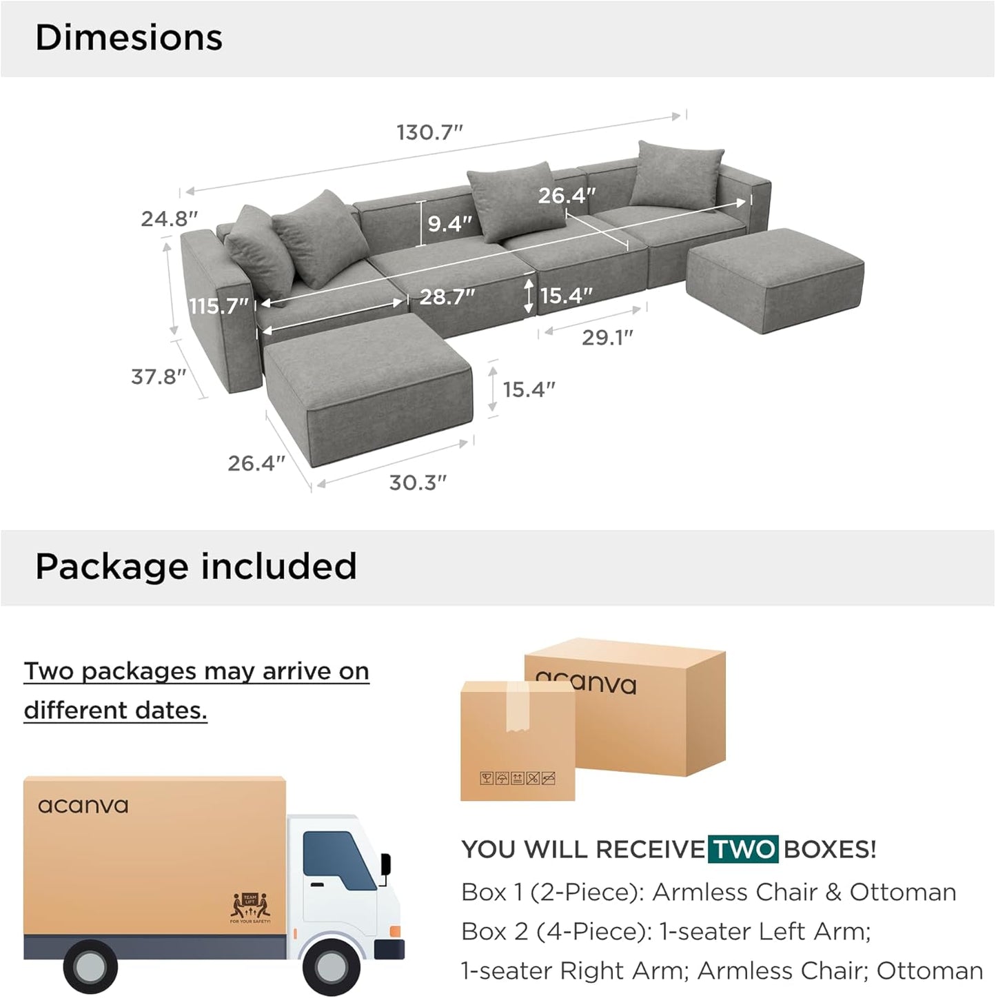 Acanva Luxury Modular Sectional Couch with Moveable Ottoman and Chaise, Modern Minimalist Style Sofa for Living Room, Apartments, U-Shape, Chenille Grey