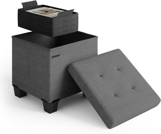STORAGEBUD Storage Ottoman Cube with Small Bin, 16-in Square Ottoman with Storage for Living Room and Bedroom, Small Ottomans Foot Rest, Fabric Foot Stools Ottomans Max 330lbs, Grey