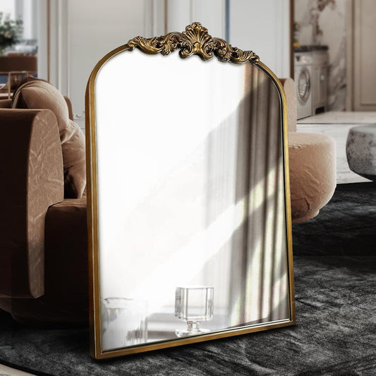 WAMIRRO Arched Gold Mirror,Gold Traditional Vintage Ornate Baroque Mirror,Antique Brass Mirrors,Wall Mounted Mirrors for Entryway/Fireplace/Living Room/Hallway/Bathroom.36“X24”Gold