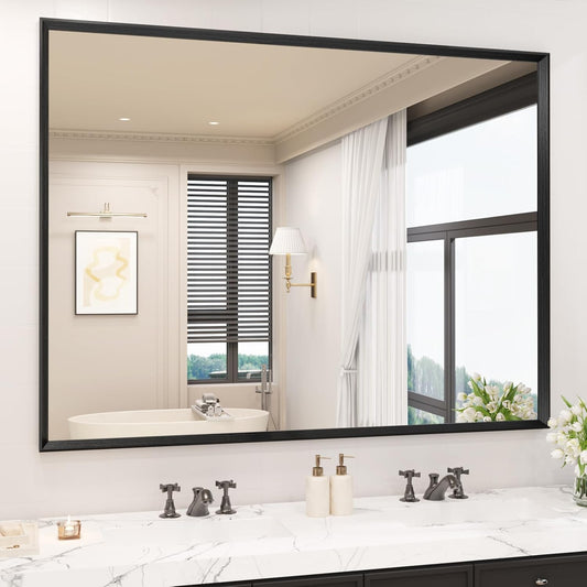 Bathroom Vanity Mirror 48x36 Inch, Matte Black Rectangle Bathroom Mirror, Anti-Rust, 4MM Tempered Glass, Wall-Mounted Mirror, Hangs Horizontally or Vertically for Bathroom & Bedroom