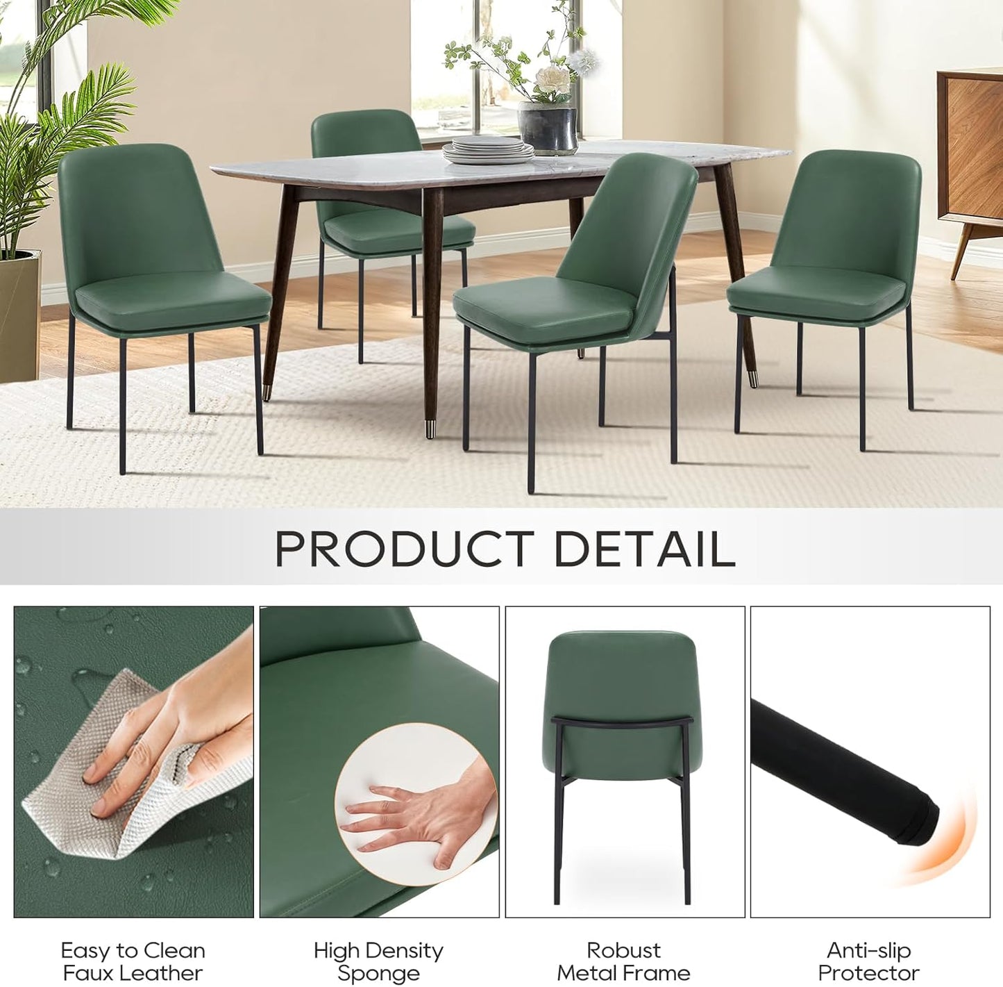 COLAMY Modern Dining Chairs Set of 6, Faux Leather Upholstered Dining Room Chairs Kitchen Chairs Dinner Chair with Curved Back and Metal Legs, Green