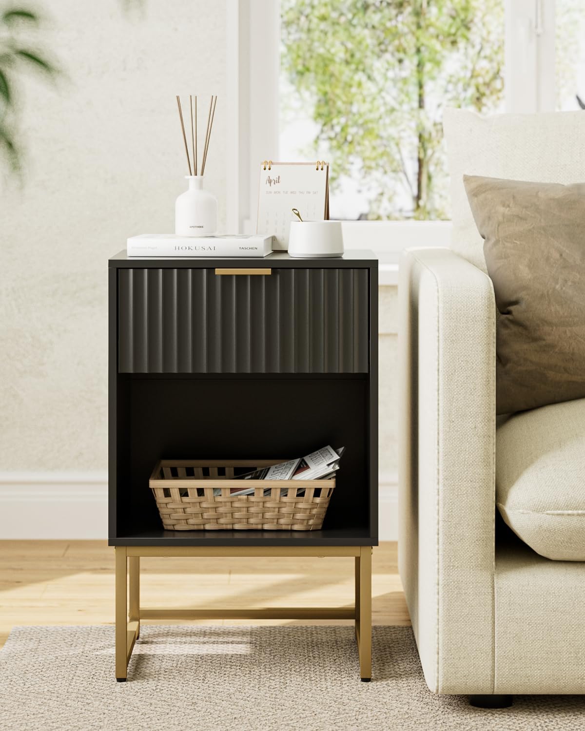 Masupu Fluted Nightstand,Modern Night Stand Wood Bedside Table with Storage Drawer Side End Table for Bedroom,Living Room,Office,Black