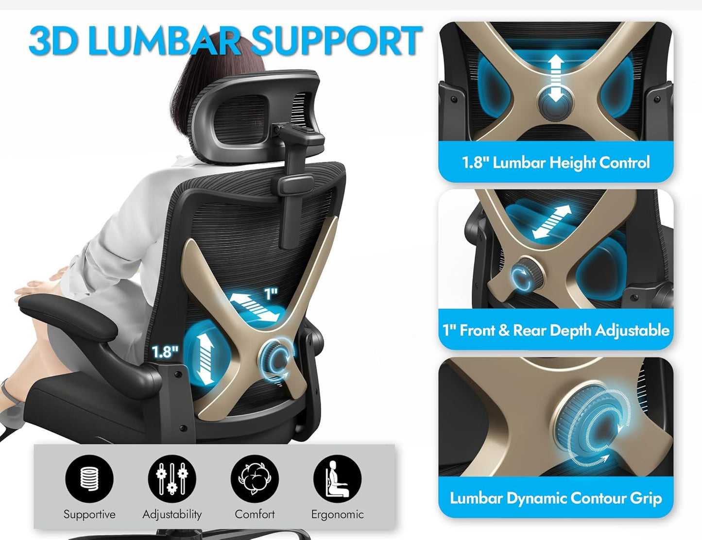 Ergonomic Office Chair-Mesh Computer Desk Chair Comfy, High-Back Gaming Chairs with 3D Headrest & Lumbar Support, Executive Task Chair for Adults, Comfortable for Long Hours