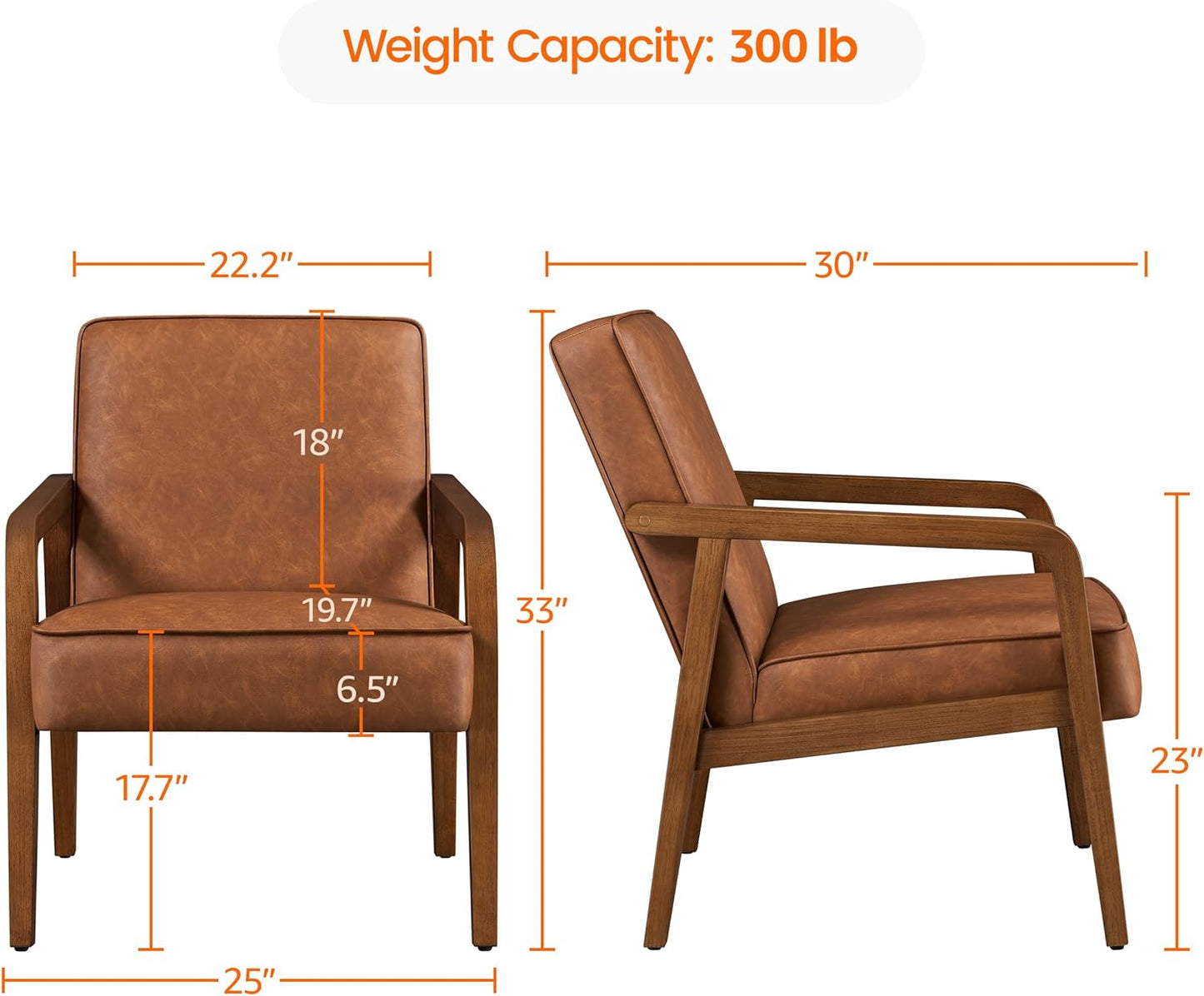 Yaheetech PU Leather Accent Chair, Mid-Century Modern Barrel Chair with Wooden Frame and Soft Thick Padded for Living Room Bedroom Home Office, 2 PCS, Light Brown