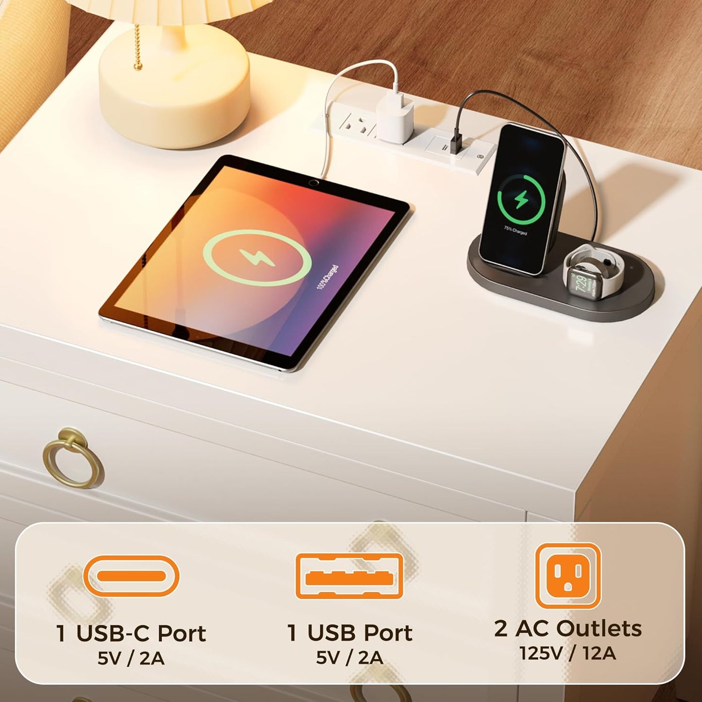 Huuger Paint Night Stand with Charger Station and USB-C Port, 3 Drawer Nightstands Set of 2, Larger Wider Bedside Table, Modern End Table, for Bedroom, White Nightstand