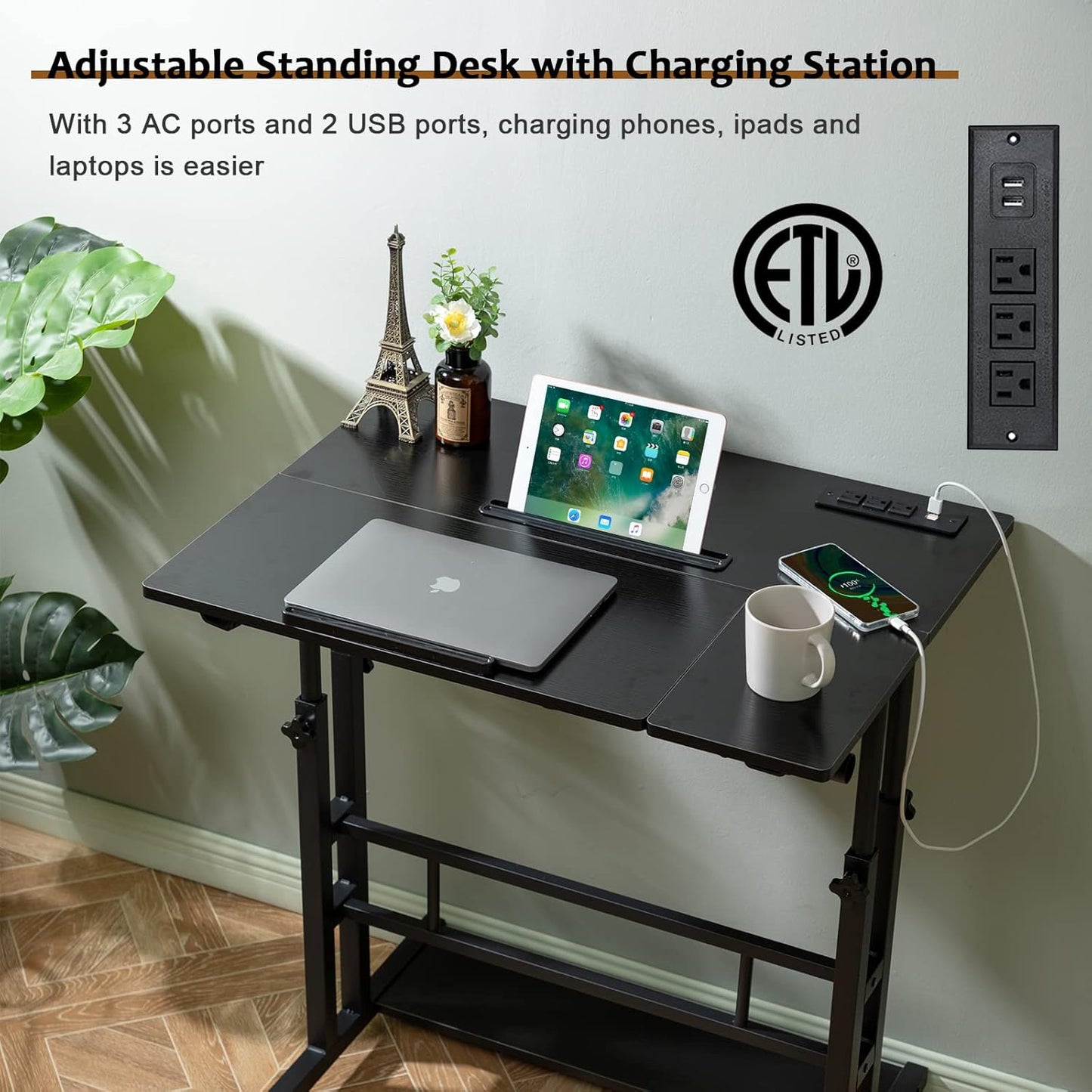 Hadulcet Stand Up Desk, Rolling Desk Adjustable Height, Mobile Standing Desk with Wheels & Charging Station, Portable Stand for Laptop, Rolling Computer Cart TV Tray, Small Standing Desk Drawing Table