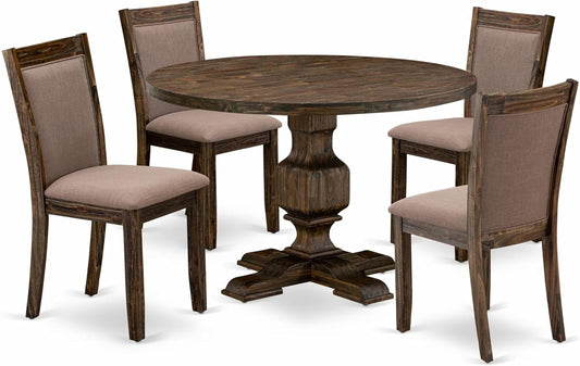 East West Furniture I3MZ5-748 5 Piece Dining Room Table Set Includes a Round Kitchen Table with Pedestal and 4 Coffee Linen Fabric Parson Dining Chairs, 48x48 Inch, Distressed Jacobean