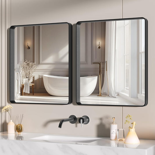 Hasipu 2 PCS Bathroom Mirror for Wall, 30 x 24 Inch Black Metal Framed Bathroom Mirrors for Over Sink, Rectangle Bathroom Vanity Mirror, Anti-Rust, Tempered Glass, Horizontal or Vertical