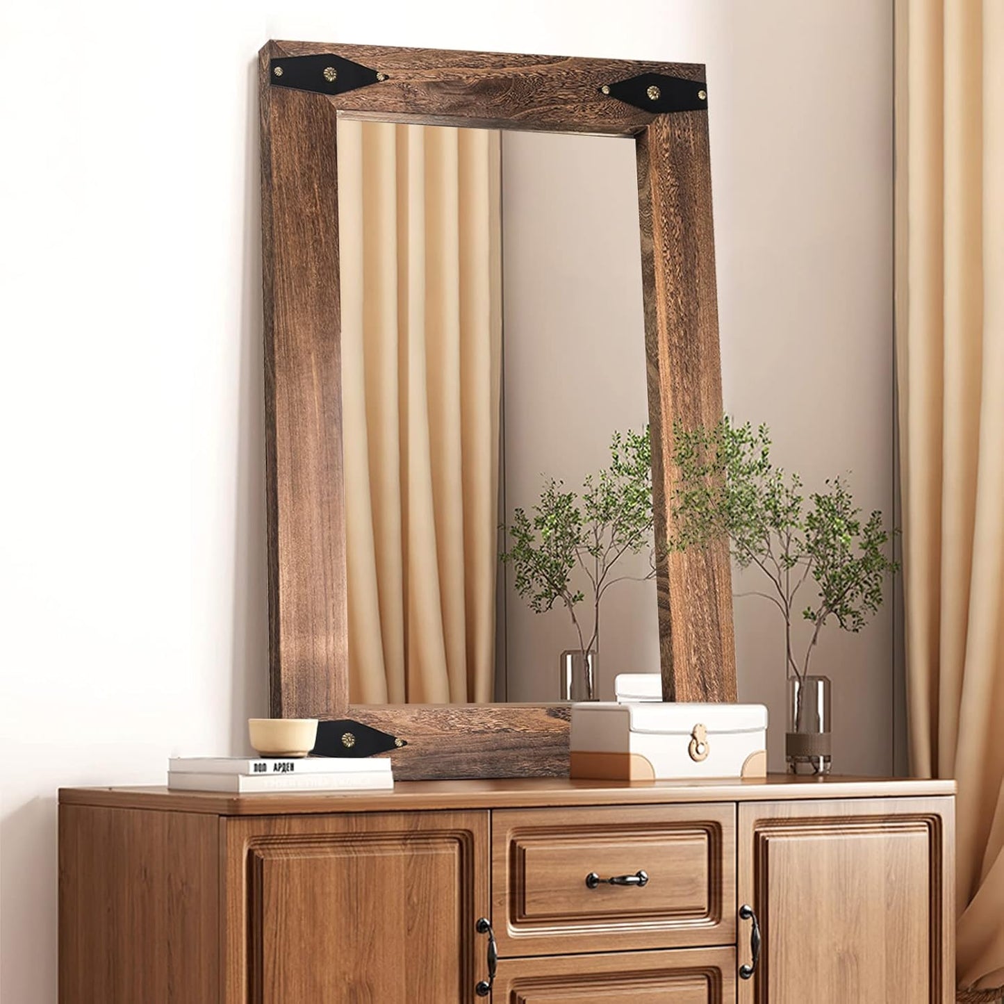 Rustic Wooden Framed Wall Mirror for Bathroom, Farmhouse Decorative Natural Wood Vanity Mirror, Wall Mounted Rectangular Mirror for Bedroom Living Room, Vertical or Horizontal Hanging, 26x40 Inches