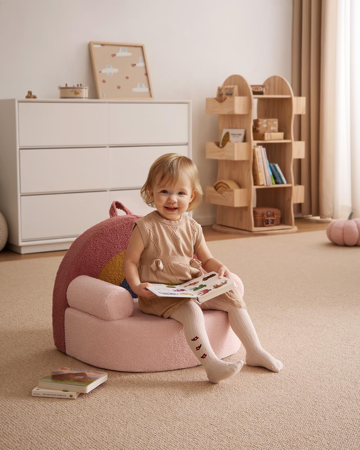 Blissful Diary Toddler Chair Comfy, Foam Kids Chair with Soft Teddy Plush, Toddler Reading Chair with Cute Arclet Designs- Blush Pink